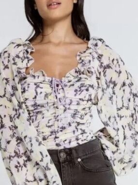NWOT Free People Lavender and Yellow Floral Ruched Blouse
